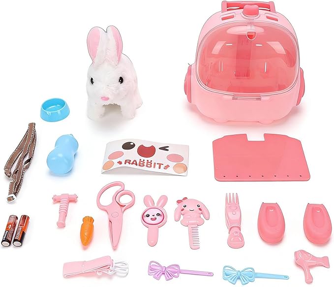 Electric Bunny Toy, Interactive Plush Bunny Toy with Cage, Walking Hopping & Nose Twitching Electronic Pet for Kids