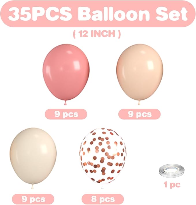 Dusty Pink Balloons, Neutral Balloons with Dusty Pink Ivory White Rose Gold Confetti Balloons for Girls Bridal Baby Shower Boho Birthday Wedding Decorations Supplies