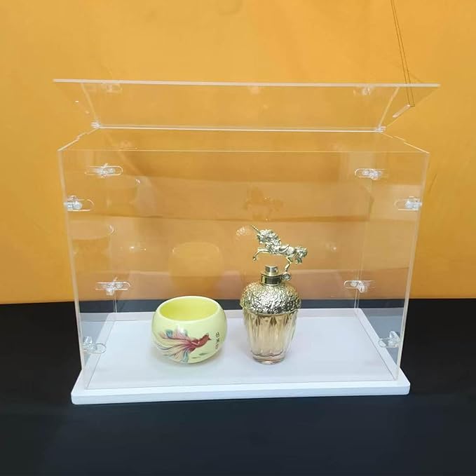 Clear Acrylic Display Cabinet Assembly, Thickened Base, top openable Door, Sturdy L-Shaped Buckle, dust Protection Cabinet for Action Doll Toy Collectibles (White, 35x20x30cm/14x8x12in)