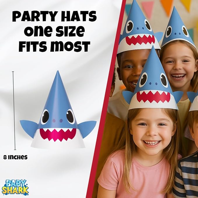 Unique Baby Shark - Party Hats, Blowouts & Sticker Bundle | Officially Licensed | 8 Hats, 8 Blowouts & 1 Sticker Sheet | Birthday Party Supplies Set | Baby Shark Decorations & Favors for Boys & Girls