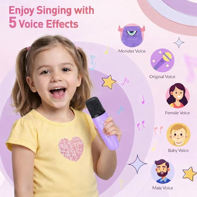 Kids Karaoke Machine with 2 Wireless Microphones, Bluetooth Speaker with Voice Changer & LED Lights, Portable Singing Toy Gift for Boys & Girls Ages 3–12