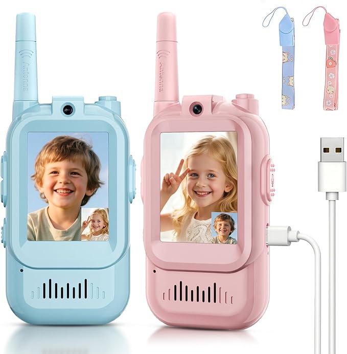 Video Walkie Talkies for Kids, Handheld 2 Pack Rechargeable Video Intercom Kids Walkies Talkies, Indoor Outdoor Toys for Family Games, Outside, Camping, Hiking for Boys Girls Ages 3-12 (Blue/Pink)