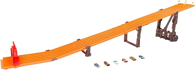 Hot Wheels Toy Car Playset with Lights, Sounds & 6 1:64 Scale Vehicles, Super 6-Lane Raceway, 8-foot Track that Rolls Up for Storage (Amazon Exclusive)
