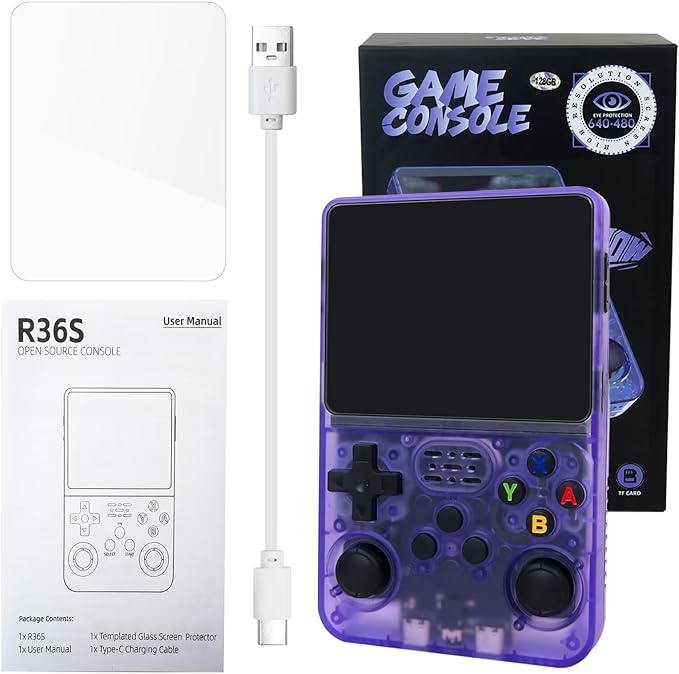 R36S Retro Handheld Game Console with 128G 3.5 Inch IPS Screen Built-in 15000 Games Open Source Linux System 640x480 Resolution Portable Pocket Video Player (Purple)