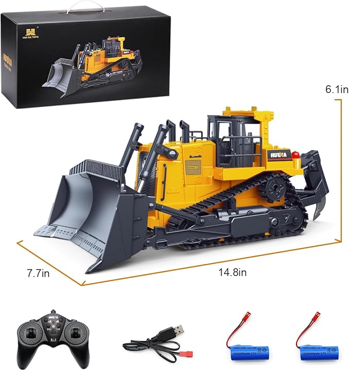 fisca Remote Control Bulldozer RC 1/16 Full Functional Construction Vehicle, 2.4Ghz 11 Channel Dozer Front Loader Toy with Light and Sound for Kids Age 6, 7, 8, 9, 10 and Up Years Old
