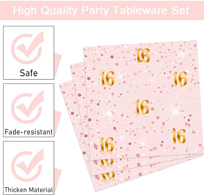 96 Pcs Rose Gold Sweet 16 Birthday Party Plates and Napkins Party Supplies Sixteen Birthday Party Tableware Set 16th Party Decorations Favors for Girls Birthday Serves 24