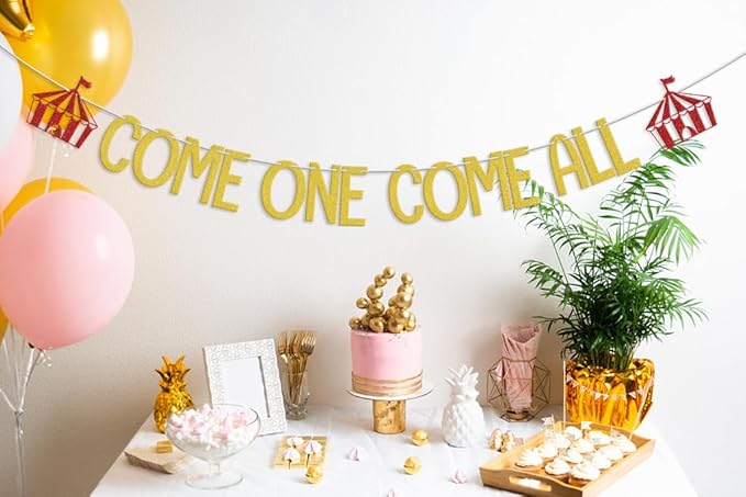 Come One Come All Banner, Circus 1st Birthday Party Decorations, Carnival Theme Party Clown First Birthday Decoration, Circus Tent Big Top Theme Baby Shower Party Supplies Gold Red