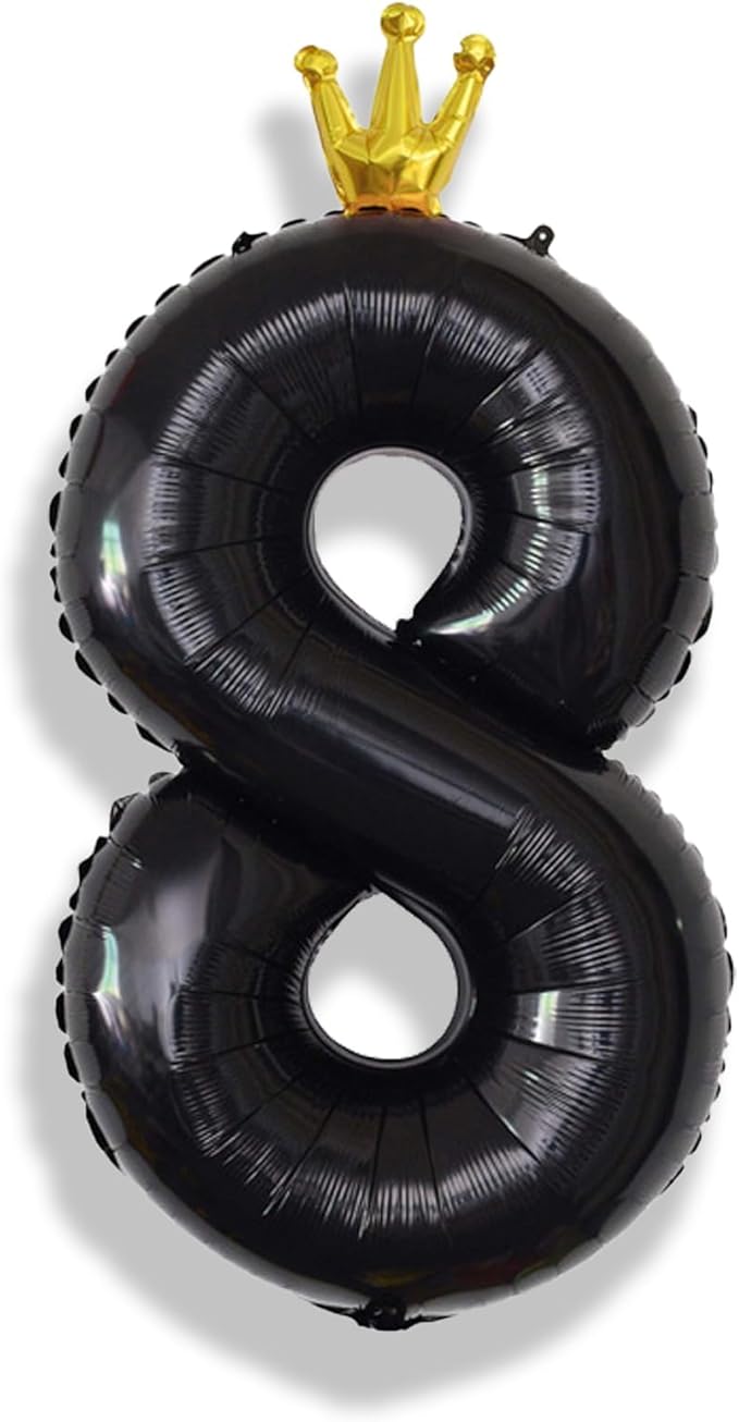 40 Inch Black Number Balloons, Big Crown Foil Number 8 Balloons for Kids 8th Birthday, Self Inflating Balloon Decorations 0-9 Set for Girls Boys Birthday Party Decoration Anniversary Party Supplies