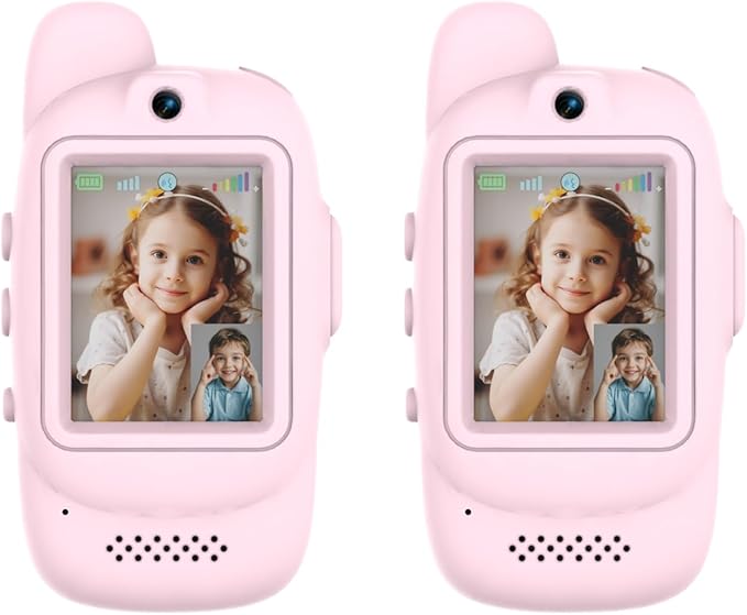 Video Walkie Talkies for Kids, Handheld 2 Pack Rechargeable Kids Video walkie talkies,Long Range Ideal for Family Games, Outside, Camping, Hiking (Pink - A)