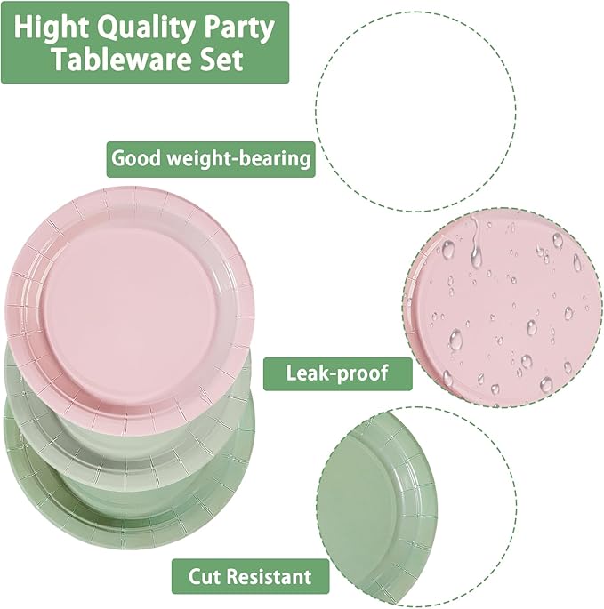 96Pcs Pink and Sage Green Birthday Party Decorations Pink Sage Green Dessert Plates and Napkins Sets Boho Bridal Shower Decorations for Girls Baby Shower Wedding Birthday Party Supplies Serves 24
