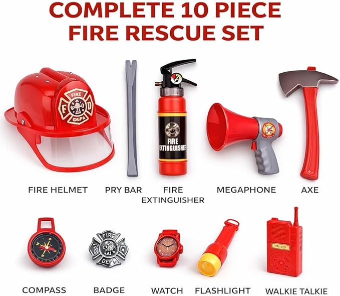 Liberty Imports 10 PCs Fireman Gear Firefighter Costume Role Play Career Dress Up Starter Toy Accessories Pretend Play Set with Helmet, Tools for Kids, Toddlers