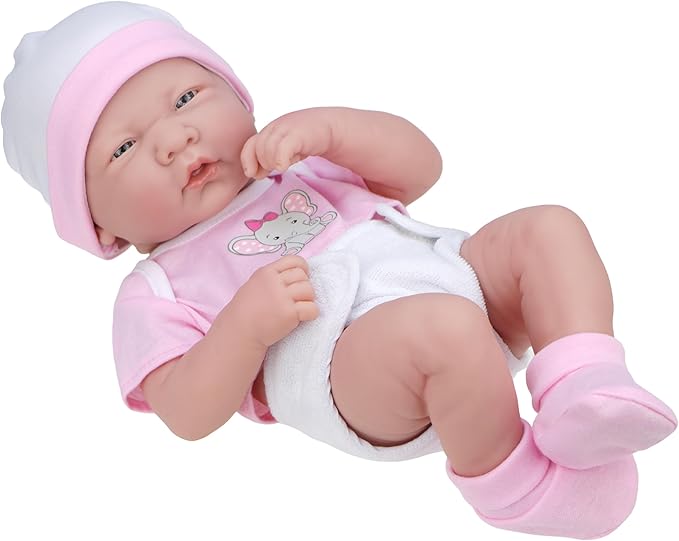 JC Toys Baby Girl 4-Piece Layette Set with Elephant Design, Pink and White, Includes T-Shirt, Cap, Booties and Diaper Made for Dolls 12"-14" Long