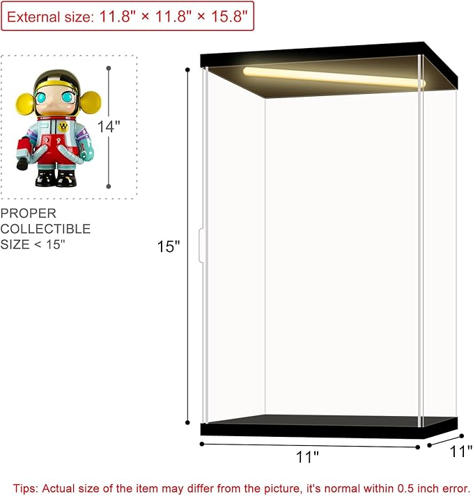Acrylic Display Case for Collectibles, Action Figures & Trophies, Black Base Solid Yellow Light, 11.8×11.8×15.8 Inch
