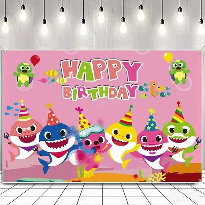 Baby Birthday Party Shark Background (71 inches * 47 inches), Blue Cartoon Ocean Photo Background for Baby Gifting Party Decoration, Shark Decorations and Party Supplies (Pink) (Pink)