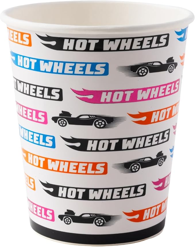 Bonjour Fete Hot Wheels™ x Paper Party Cups | Disposable Cups for Birthday Parties, Kids' Celebrations, and Car-Themed Events | Premium Party Supplies & Decorations | Pack of 8 | 9 oz size