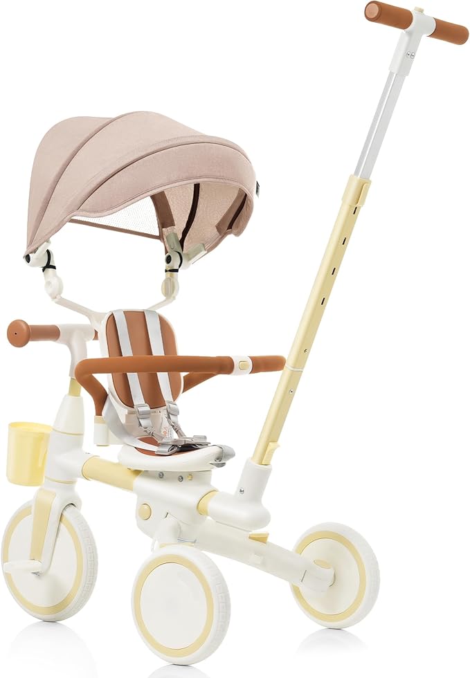 Kids Tricycle with Adjustable Pedals, Removable Canopy Cup Holder Safe, Portable Toddler Bike Age 18-72 Months