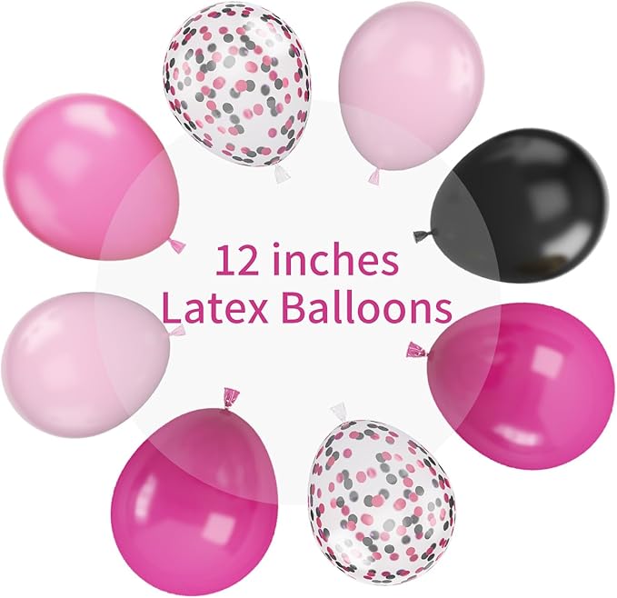 Pink and Black Balloons, 12 Inch Hot Pink Black Balloons Set with Black Pink Confetti Balloons, Pastel Pink Light Pink Black Balloons for Girl Birthday Party Wedding Decorations