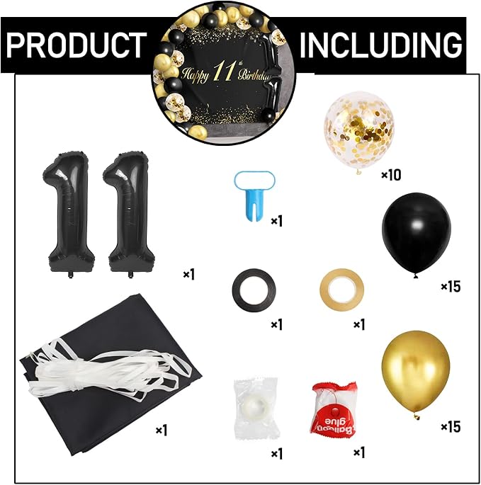 Happy 11th Birthday Balloons Black Set Decor - Cheers to 11 Years Old Party Theme Garland Banner Backdrop Decorations For Boy and Girl Supplies