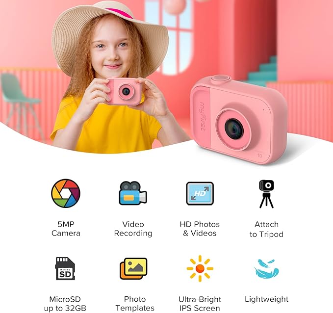 myFirst Camera 10 - Kids Digital Mini Camera for Boys and Girls with Durable Design, 5MP Photos and 1080p Video, Webcam, Tripod Adapter, Neck Lanyard, MicroSD Card, for Kids 3-12 (Pink)