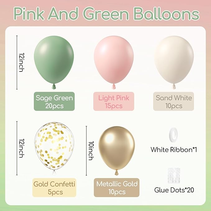 60pcs Pink and Green Balloons 12inch with Sage Green Light Pink Sand White Metallic Gold Confetti Balloons for Birthday Bridal Shower Boho Baby in Bloom Baby Shower Decorations