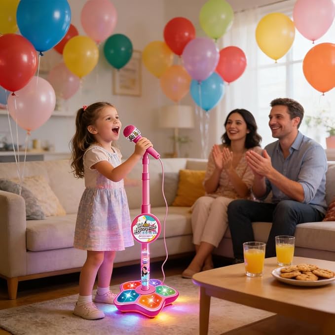 2026 New Star Microphone with Stand, Built-in Music & Colorful Lights, Echo Effects Portable Karaoke Machine, Kid-Friendly Singing Toy for Music Play (Pink)