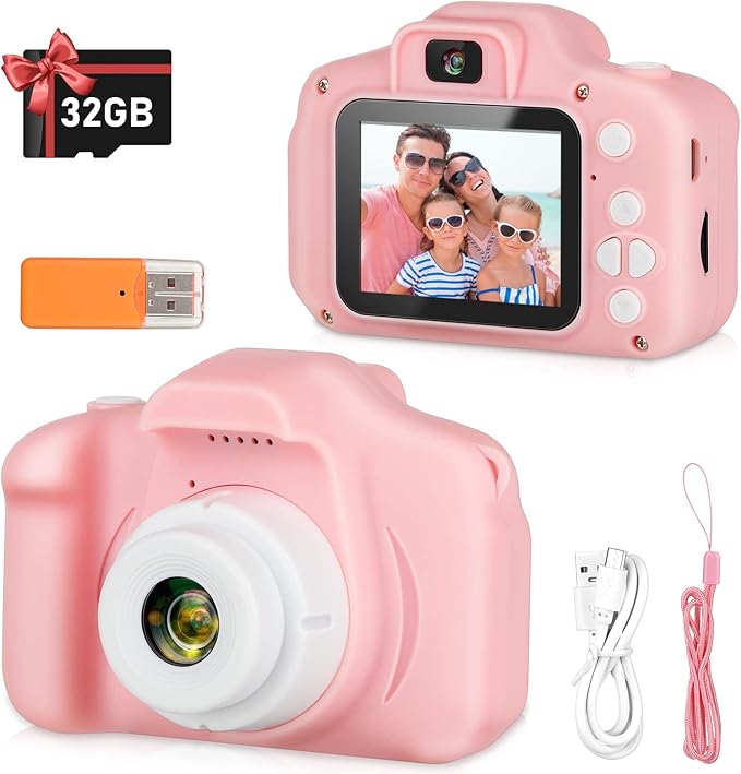 Kids Camera, HD Digital Video Camera,Childrens Toys for 3 4 5 6 7 8 9 Year Old Boys/Girls, Selfie Camera for Kids, Christmas Birthday Gifts with 32GB SD Card(Pink)