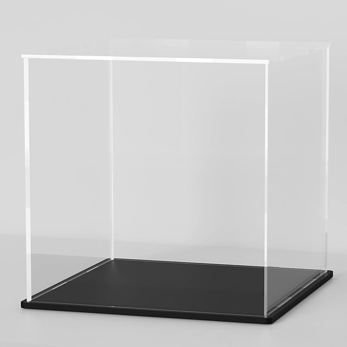 12 Inch Clear Acrylic Display Case, Cube Acrylic Box for Collectibles Showcase, Plexiglass Case with Matt Black Stand for Toys, Arts and Figures