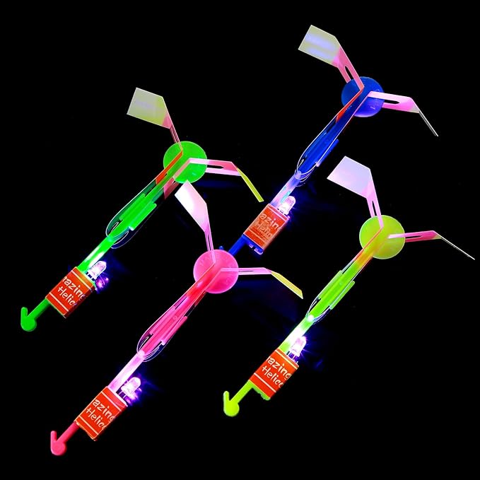 SCIONE 24 Sets LED Flying Set, 24 Slingshot+24 Glow Helicopter-48 Pcs, Flying Toy Outdoor Toys Glow in The Dark Party Supplies Party Favors for Kids 8-12,4-8