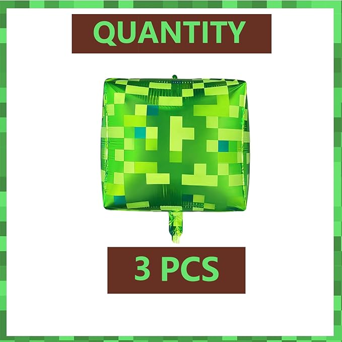 3Pcs Large Pixel Boxes Cube Foil balloons 22Inch Video Game Miner Theme Mylar Balloon Pixel Mining Game Birthday Party Decorations Supplies Green