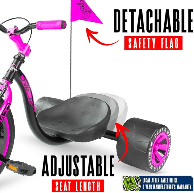 Drift Trike for Kids Ages 5+ – 16" Front Wheel Ride-On with Adjustable Seat, Steel Frame, Rear Slick Drift Wheels & Safety Flag – Madd Gear (Black/Pink)