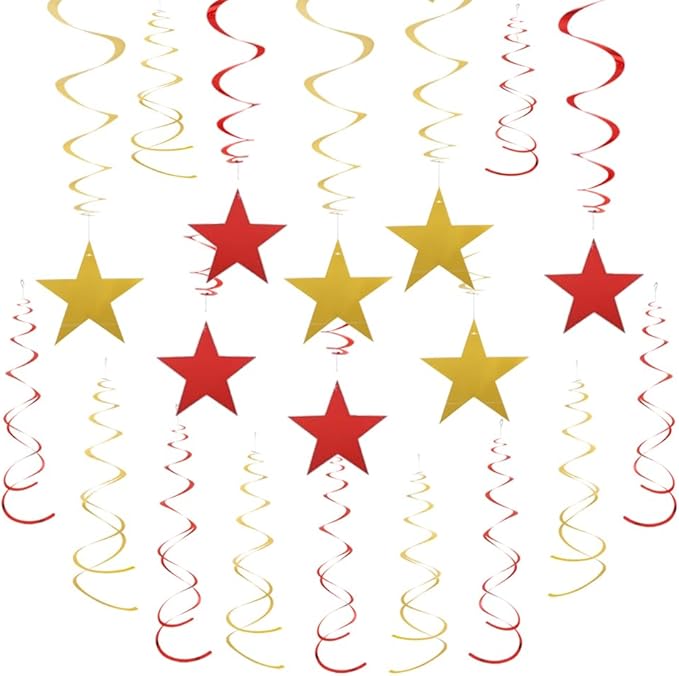 MOWO Gold Red Star Swirl Hanging Decoration for 4th July Birthday Graduation Retirement New Year Valentine's Day Party Supplies, Pack of 20