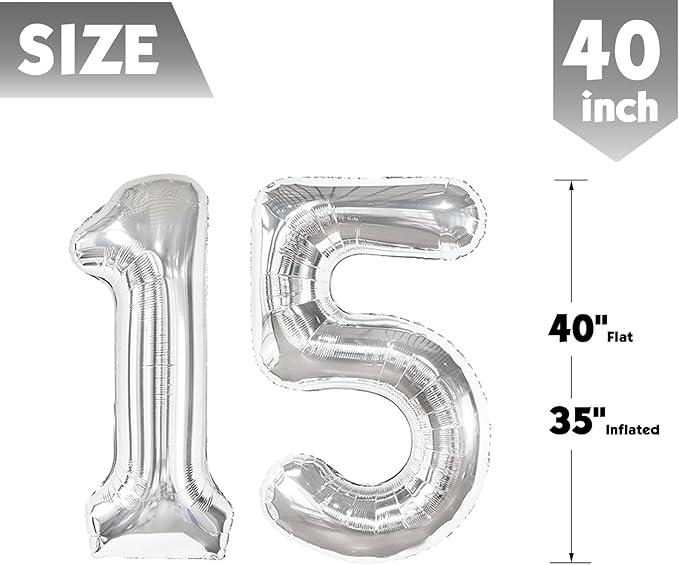 40 Inch Sliver Number 15 Balloon, Giant Number 15 Balloons for 15th Birthday Decorations, Party Supplies for Baby Boy Girl, Sliver Party Decor