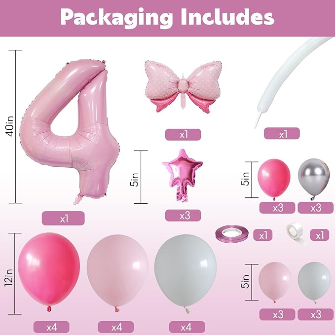 40 Inch Pink Number 4 Balloon for 4th Birthday Decoration Pastel Baby Pink Number Four Foil Balloon Tower Giant Large Digit Hot Pink White Helium Balloons Stack Stand for Girls Anniversary Party