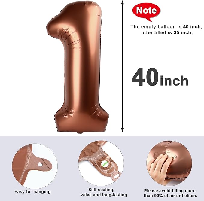 Number Balloons 1, 40 Inch One Balloons for 1st Birthday Girl Boy 1 11 21 Party Decorations Baby Shower Photo Shoot, Coffee Brown 1 Balloon