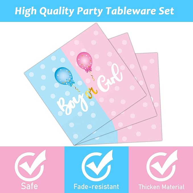 96 Pieces Gender Reveal Party Decorations Supplies He or She Party Tableware Set Pink or Blue Gender Reveal Party Dessert Plates Napkins Forks Favors 24 Guests
