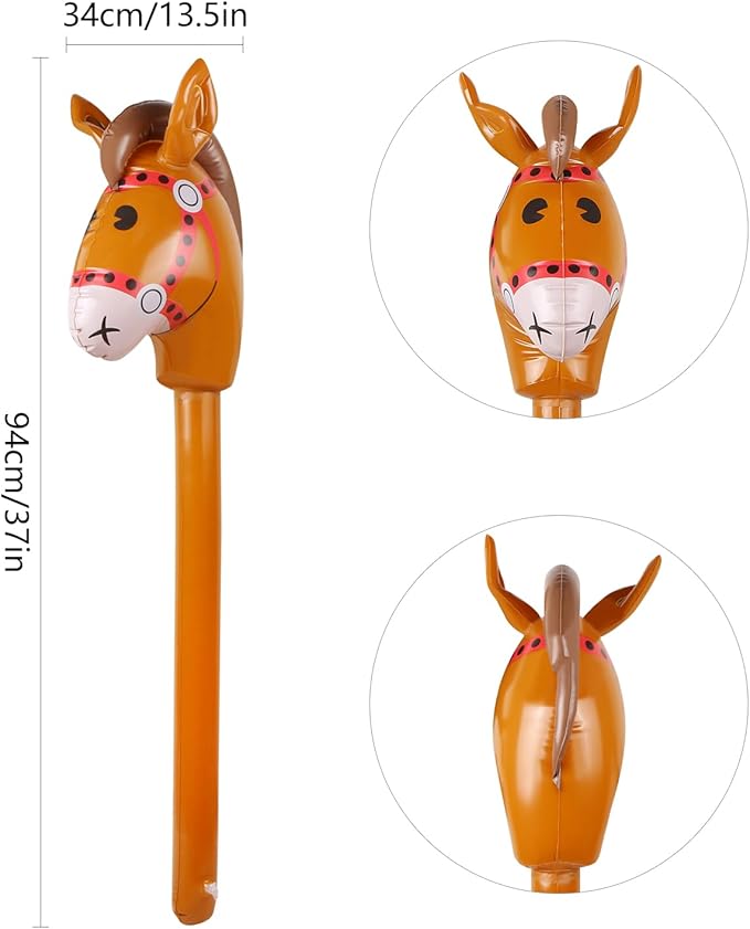 12PCS Inflatable Stick Horse,Blow Up Horse Head on Stick Pony Costume Western Cowboy Cowgirl Baby Shower Birthday Party Decorations Halloween Supplies Favors Props, 38 Inches (Brown)