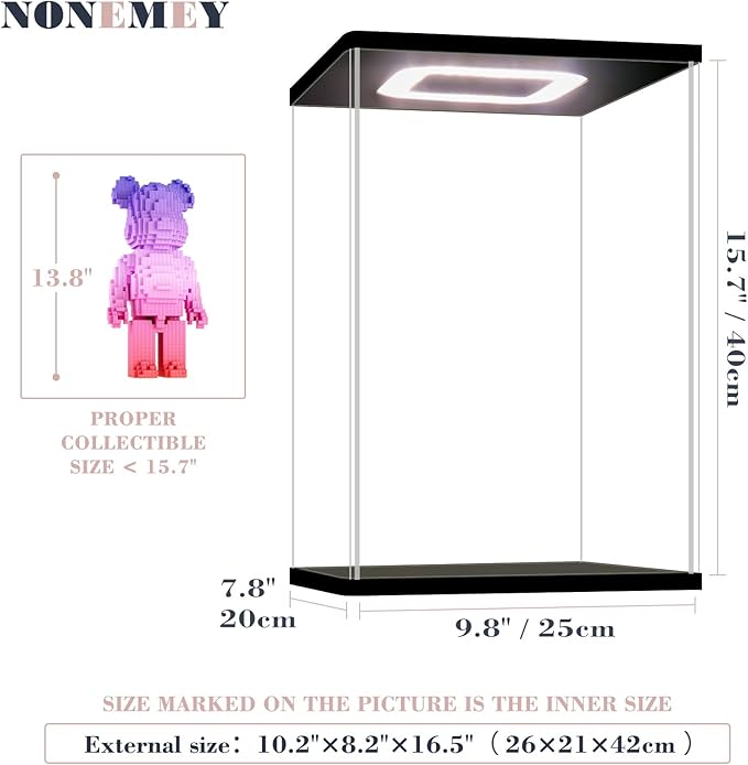NONEMEY Acrylic Display Case with Led Light for Bearbrick，Assemble Clear Acrylic Display Case Stand Dustproof Protection Showcase Organizer Box for Action Figures(9.8×7.9×157inch,25×20×40cm)