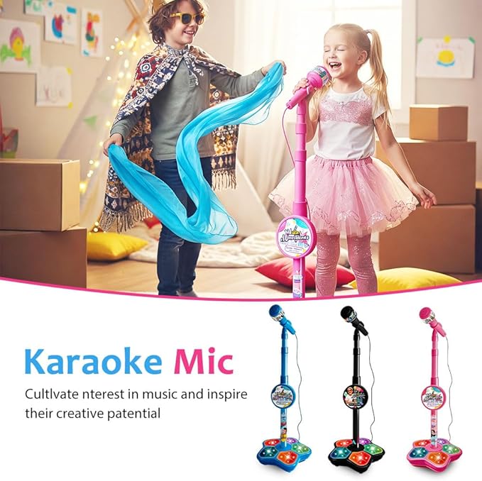 Microphone with Stand, 2026 New All in One Microphone Toy, Colorful Lights with Adjustable Height for Birthday Parties Singing (Black)