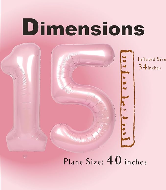 SUWEN 40 Inch Pink Large 15 Number Balloons Big Foil Helium Number Balloons 0-9 Jumbo Happy 15th Mylar Birthday Party Decorations for Girl or Women 51 Anniversary Party Supplies