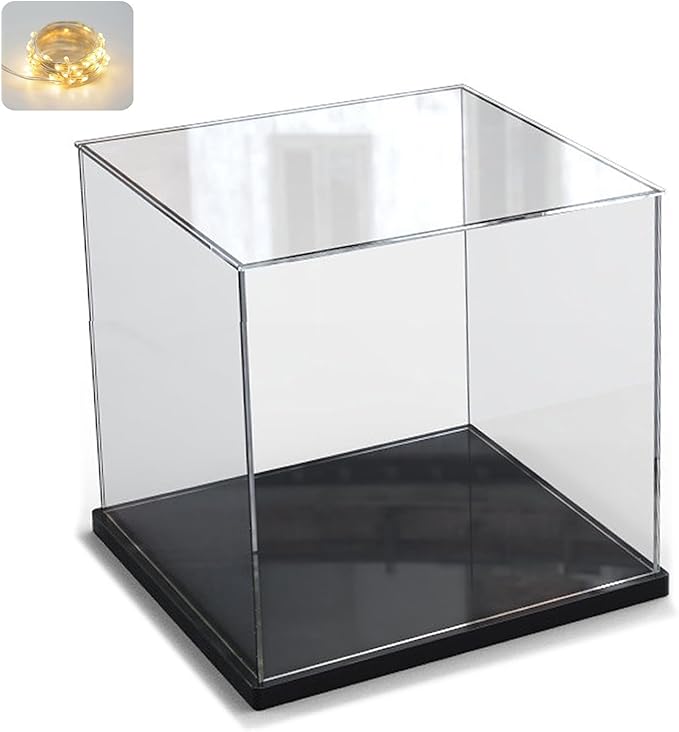 Thickened Clear Acrylic Display Case for Lego 75328 Helmet Collectibles, Transparent Cube Box Dustproof Protection Showcase with Wood-Plastic Base & String Light, Black Inside 7.9x7.9x7.9inch