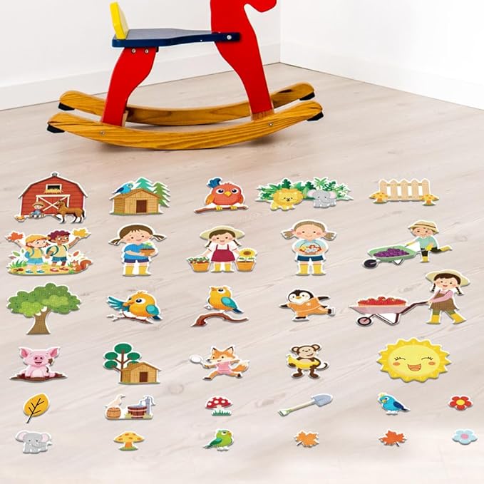 BEUNITONE 30 Pcs Multi-Scene Felt Story Board, Fuzzy Felt Play Kit with Diverse Animals, Plants & Backgrounds learningal Tool for Classroom Teaching & Home Storytelling