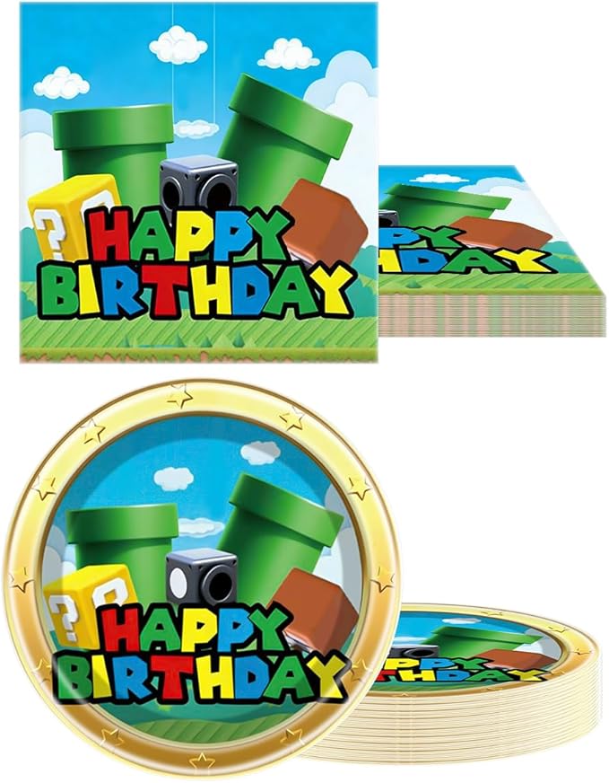 Super Bros Party Tableware, 20 Plates and 20 Napkins and Tablecloth71 '' x 42 ''Super Bros Birthday Party Decorate Supplies