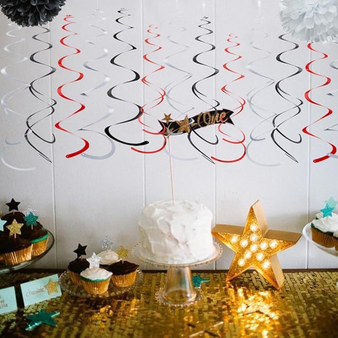 MOWO Silver Black and Red Foil Swirl Hanging Decoration Streamer for Birthday Graduation Retirement Halloween Theme Party, Pack of 21