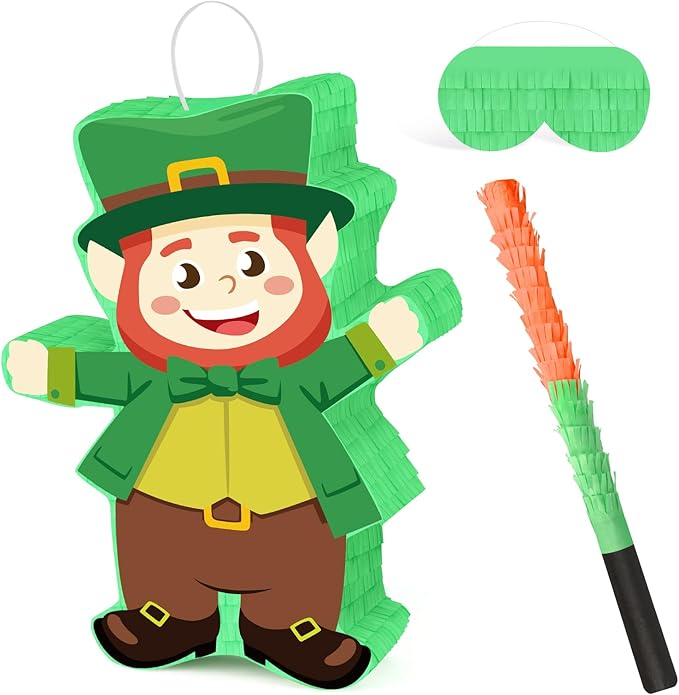Hooqict St Patricks Day Pinata St. Patrick's Kids Party Games Green Leprechaun Pinata with Blindfold and Bat Stick for Boys Girls Happy St.Patrick's Day Decorations Birthday Party Supplies