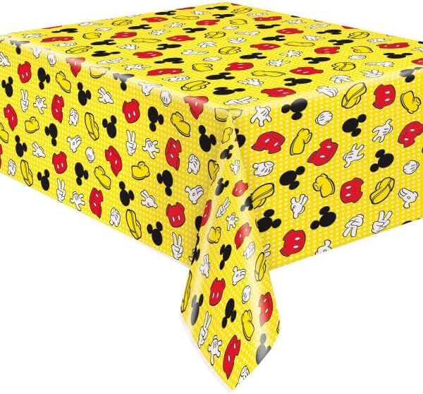 Amscan Mickey Mouse Roadster Party Supplies Bundle for 16 Guests - Includes 16 Paper Plates, 16 Paper Napkins, 1 Plastic Table Cover, 1 Dinosaur Sticker Sheet