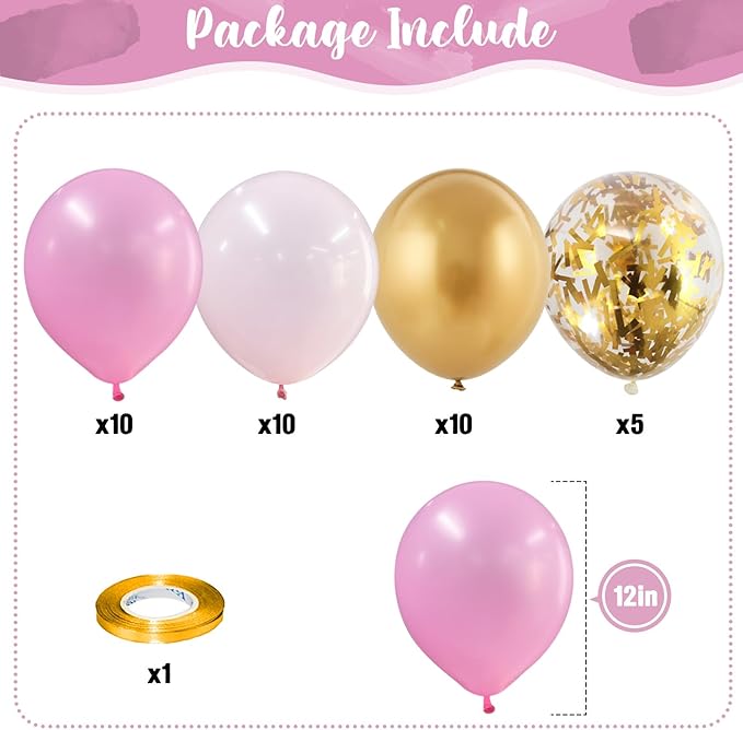 Pink Gold Balloons Set, 12 Inch Matte Pink Pastel Baby Pink Metallic Gold Confetti Latex Balloons for Girls Women, Pink Gold Party Balloons for Birthday Baby Bridal Shower Wedding Party Decorations