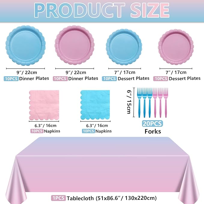 Gender Reveal Party Supplies Set for 20 Guests, Including Pink Blue Tablecloth, Forks, Napkins and Plates for Gender Reveal Decorations Baby Shower Boy or Girl Party
