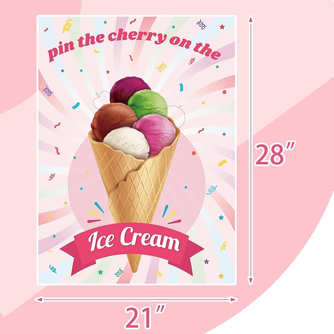 PLULON Ice Cream Party Game for Kids Pin the Cherry Strawberry on the Ice Cream Birthday Game Poster Cherry Strawberry Stickers for Boy Girl Birthday Summer Party Wall Decorations Classroom Activities