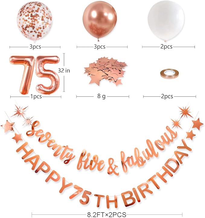 Rose Gold Seventy Five & Fabulous Happy 75th Birthday Banner Garland Foil Balloon 75 for Womens 75th Birthday Decorations Hanging 75 and Fabulous Cheers to 75 Years Old Birthday Party Supplies