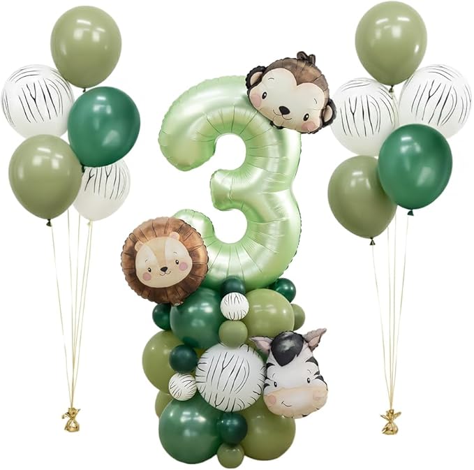 Jungle Safari Birthday Balloons,Olive Green Animal Balloons Zoo Theme Decoration for Safari Birthday Wedding Shower Party Decorations (Number 3)
